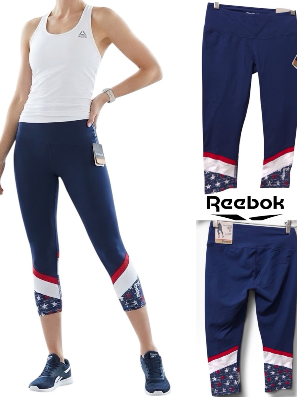 Reebok | NWT Cotton Navy Red White Americana Star-Print Crop Leggings (size XS)